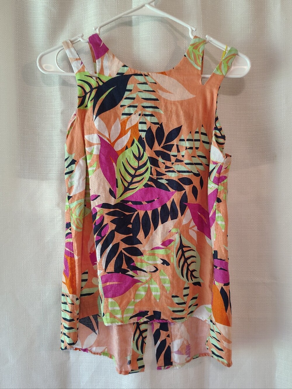 Kaari Blue Linen Top Tropical Print Button Up Back Split Shoulder High Low